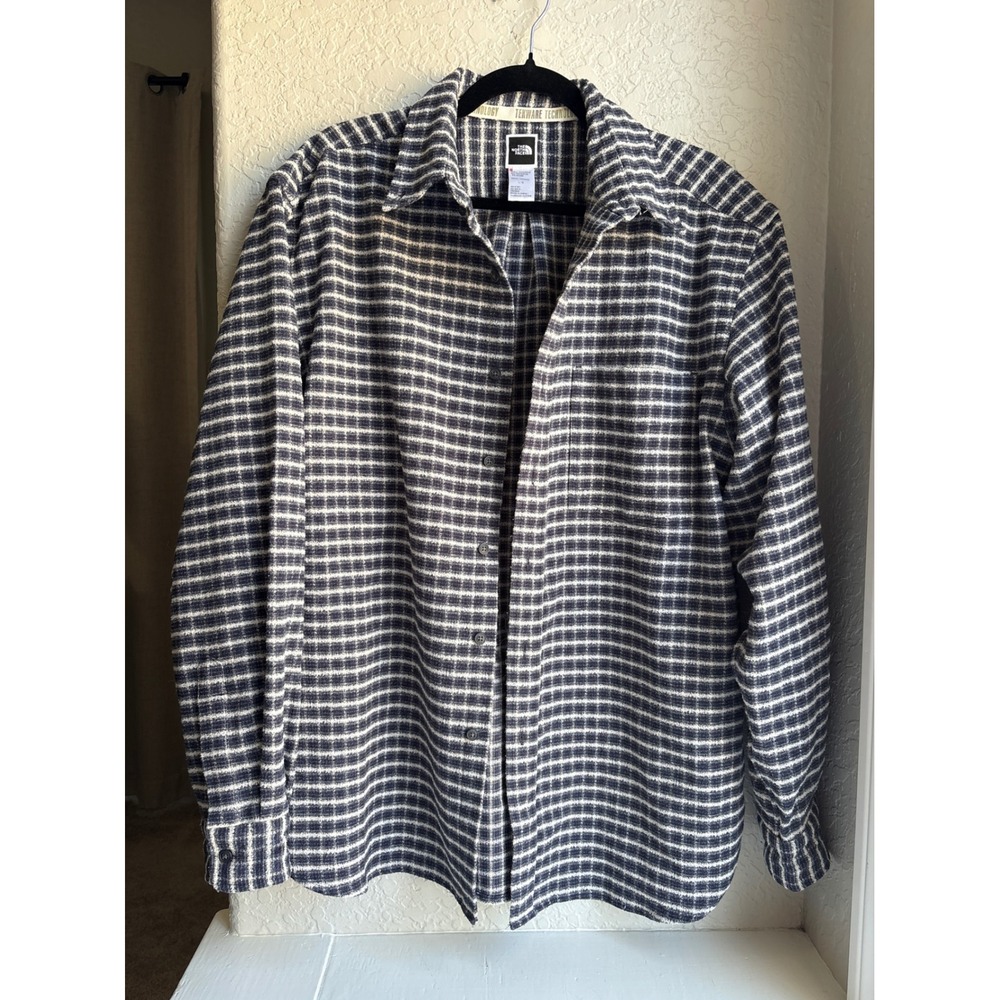 The North Face Tekware Mens Large Shirt Navy Blue Plaid Long Sleeve Button Front